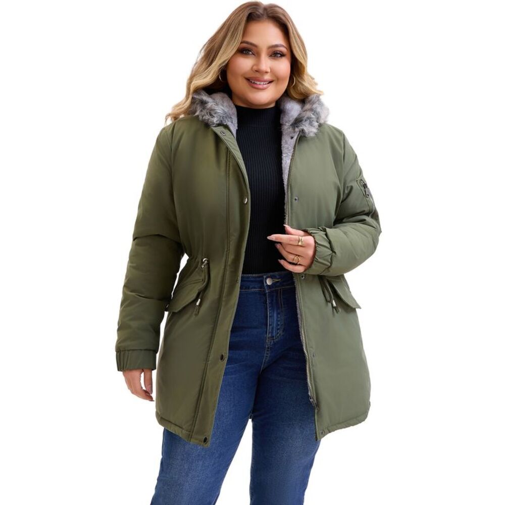 Plus Size Parka Fur Hood Fleece Lined Winter Coat with Pockets Army Green